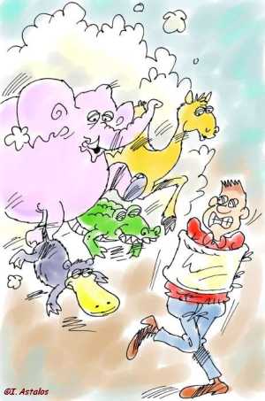 Elefant, Dromedar / Trampeltier, Krokodil,  und Schnabeltier laufen in der Klapsmühle auf Zwangsjacken-Träger zu  / I. Astalos 8/04