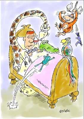 Die Ordnung der Schliefer (I. Astalos 6/05) - illustriertes Gedicht von DeGie mit schleckender Giraffe, lüsternem Krokodil, schadenfrohem Ara, Affen mit Maschinengewehr,  Frosch und schadenfrohem Ara